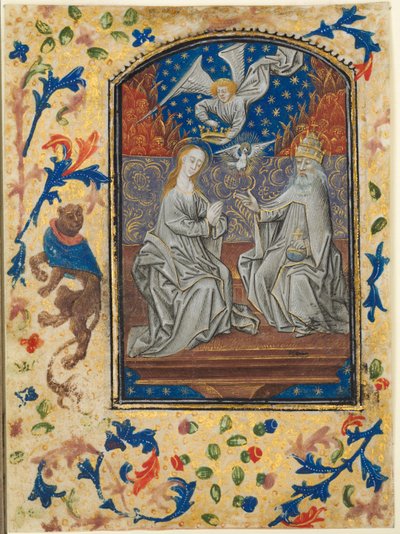 時間帳からの葉っぱ：処女と子供が即位、c。 1470-1480。 作： Guillaume Vrelant
