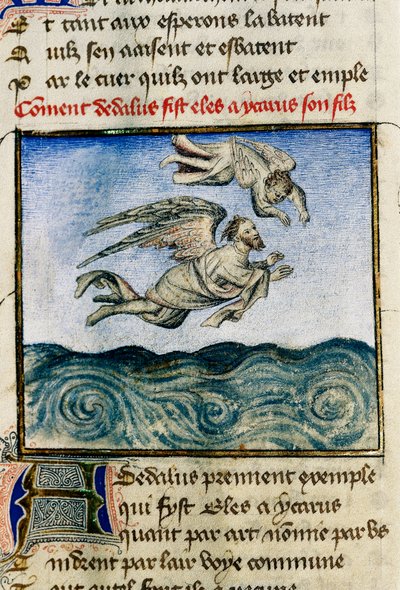 ""Dedale and Icarus "" (イカロスとダイダロス) ミノスのもとを逃れるために、デデールは息子のイカロスに蝋の翼のおかげで飛び立てと迫る。ギヨーム・ロリスの手による細密画（「薔薇のローマ」の写本より 作： Guillaume de Lorris