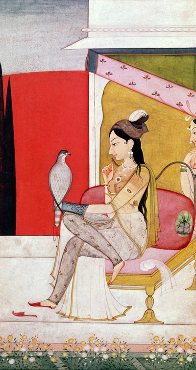 鷹を持つ女性、パハリスタイル、パンジャブヒルズ、c.1750（紙にペイント） 作： Guler School