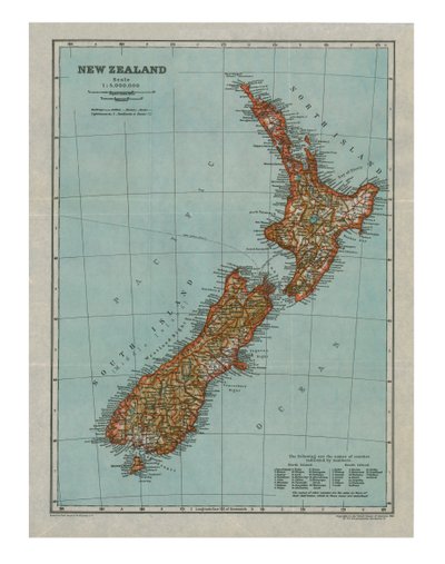 ニュージーランドの地図、c1910 作： Gull Engraving Company