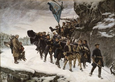 スウェーデン国王カール 12 世の遺体を持ち帰る 作： Gustaf Cederström