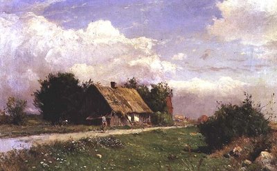 コテージのそばに人物がいる森の風景 作： Gustaf Fredrik Rydberg
