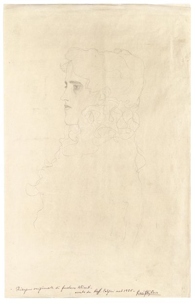 フリルの襟付きの横顔の女性の肖像画 作： Gustav Klimt