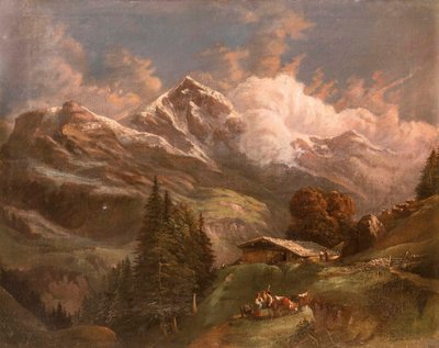 アルプスの峰々を眺めながら、活気に満ちた高山の牧草地 - グロスグロックナー？ 作： Gustav Barbarini