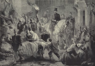 1851年12月3日の夜にパリのバリケードを馬に乗って訪れたルイナポレオン 作： Gustav Bartsch