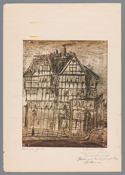 おそらくドイツのグライツにある古い家を眺めた版画または素描の複製 作： Gustav Digel (signed by artist)