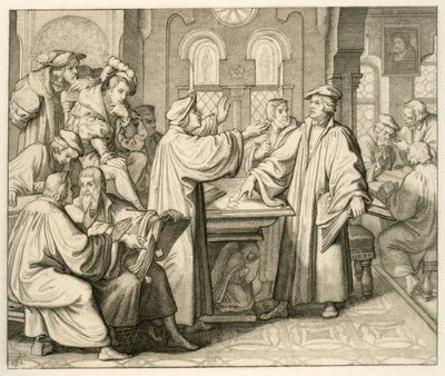 ルターとウルリッヒ・ツヴィングリ（1494-1531）が聖餐式について議論し、両者の意見は一致しなかった。 作： Gustav Ferdinand Leopold Konig