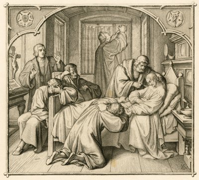 ルターの友人フィリップ（Philippe、Philippus）メランヒトン（1497-1560）が重病のため、ルターは回復を祈っている。 作： Gustav Ferdinand Leopold Konig