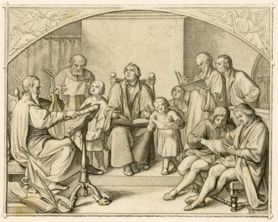 ルターがヨハネス・ヴァルター（1496-1570）の指導のもと、彼の子供たちや友人たちとともにドイツ・プロテスタントの宗教的賛美を紹介。 作： Gustav Ferdinand Leopold Konig
