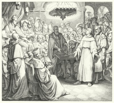 皇帝シャルル5世の前に姿を現したマルティン・ルター（ヴォルムスの国会で）（彫刻 作： Gustav Ferdinand Leopold Konig