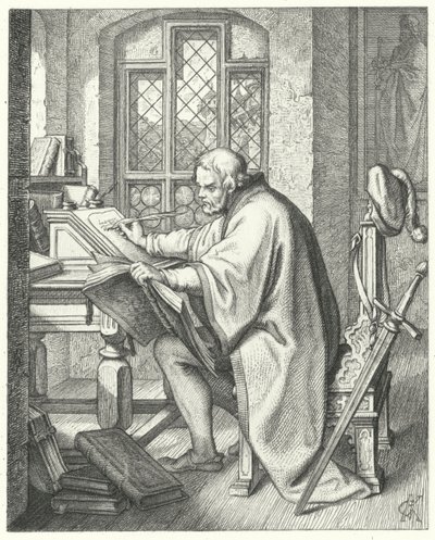 ヴァルトブルク城で聖書の翻訳を始めるマルティン・ルター（彫刻 作： Gustav Ferdinand Leopold Konig