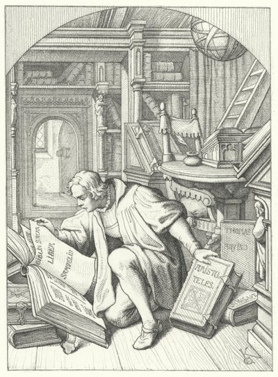 エアフルト大学の図書館でラテン語の聖書を発見したマルティン・ルター（エングレービング 作： Gustav Ferdinand Leopold Konig