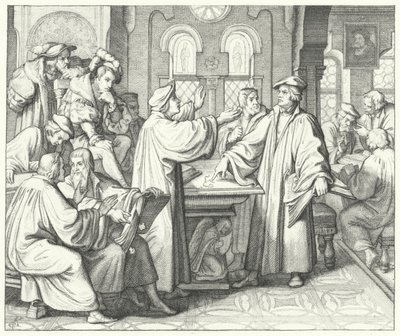 ハルドリッチ・ツヴィングリと聖餐式について話し合うマルティン・ルター（版画 作： Gustav Ferdinand Leopold Konig