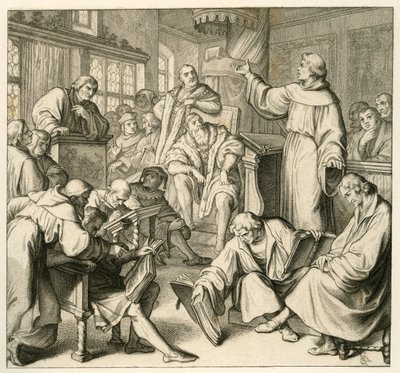 ヨハネス・エック（ヨハン・マイヤー・フォン・エック）博士（1486-1543）と議論するマルティン・ルター、ルター側にはフィリップ・メランヒトン（1497-1560）とカールシュタット（アンドレアス・ルドルフ・ボーデンシュタイン・フォン・カールシュタット）がいる。 作： Gustav Ferdinand Leopold Konig
