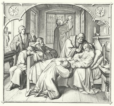 フィリップ・メランヒトンの死の床で祈るマルティン・ルター（版画 作： Gustav Ferdinand Leopold Konig