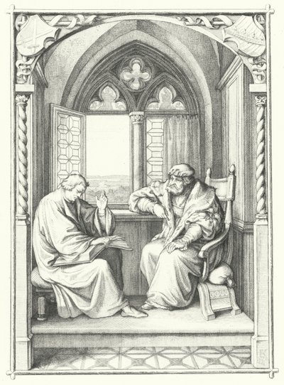 マルティン・ルターがザクセン選帝侯ジョンに聖書を読んで聞かせる（版画 作： Gustav Ferdinand Leopold Konig
