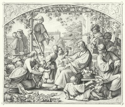 夏を楽しむ家族や同時代の人々と一緒にいるマルティン・ルター（エングレーヴィング 作： Gustav Ferdinand Leopold Konig