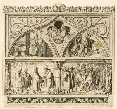 マルティン・ルターがマンスフェルト・フォーデルト伯爵（1477-1540）を訪ねる旅； 画像左上：悲しげなカタリーナ、中央：怒涛のザーレ川、右：息子たちと一緒にいるルター。 作： Gustav Ferdinand Leopold Konig