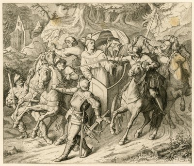 1521年、帰路についたマルティン・ルターが、ベルレプシュとフントによって誘拐された。 作： Gustav Ferdinand Leopold Konig