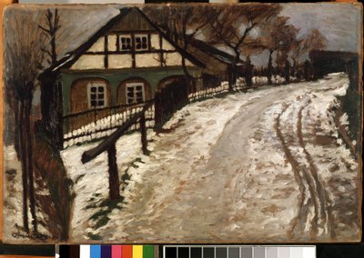 「雪解け」（雪解け） 雪が溶ける田舎の冬景色。 グスタフ・ホルスタインの絵画 (1876-?) Mikalojus Konstantinas Ciurlionis Fine Arts Museum、カウナス、リトアニア 作： Gustav Holstein