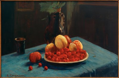 青いテーブル クロスの上の果物のある静物 作： Gustav Kampmann