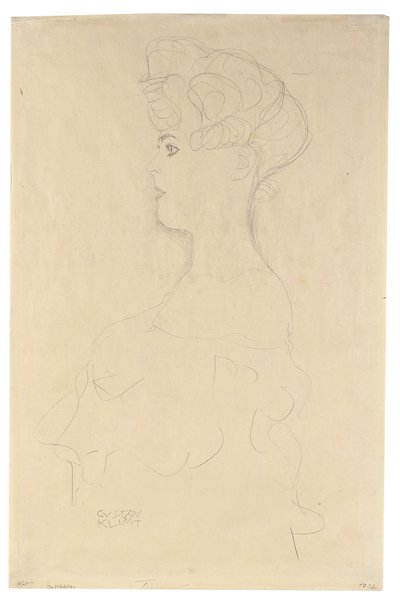 左からの胸像、1904-05年頃（模造和紙に鉛筆、白と赤のクレヨン） 作： Gustav Klimt