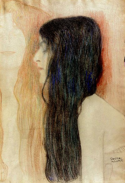 長い髪の少女、1898〜99年（紙にパステル） 作： Gustav Klimt