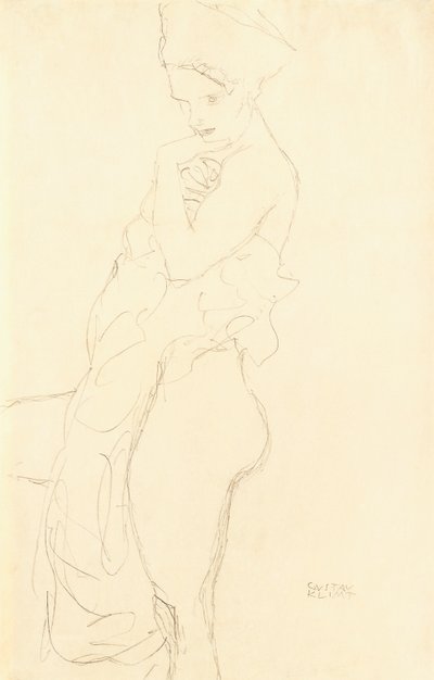 ヌード左に立って、タオルを身体にかざす1917 作： Gustav Klimt