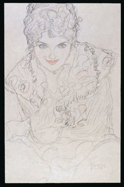 顎に右手を持つ肖像、c.1917-18 作： Gustav Klimt