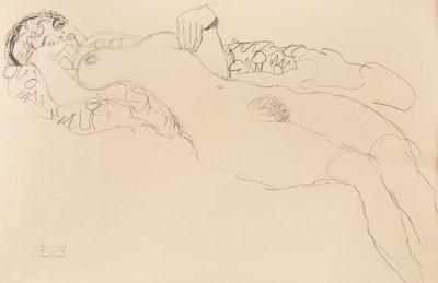 臥位の女性の裸体、左側、1917 年。 作： Gustav Klimt
