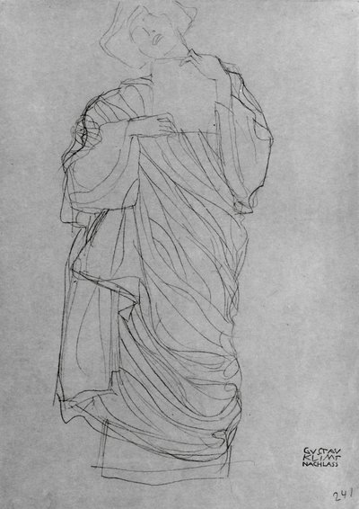 ローブ立っている女性保持カード（茶色の紙に鉛筆） 作： Gustav Klimt