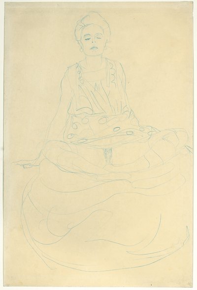 正面から着席のハーフレングスのヌード。 1907年に正面から半身を座る 作： Gustav Klimt