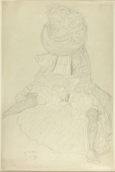 正面から帽子をかぶった座っている女性、フード付きの顔 作： Gustav Klimt