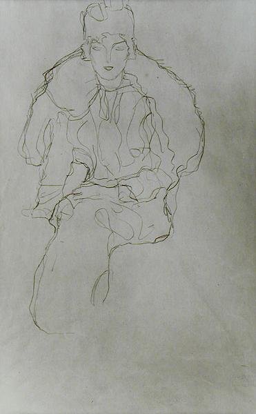 毛皮のラップとヘッドドレスをつけた着座した女性 作： Gustav Klimt