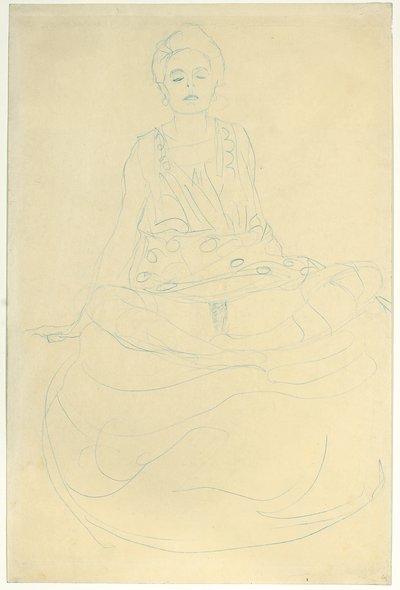 正面から半裸で着席、1907年頃（紙に鉛筆） 作： Gustav Klimt