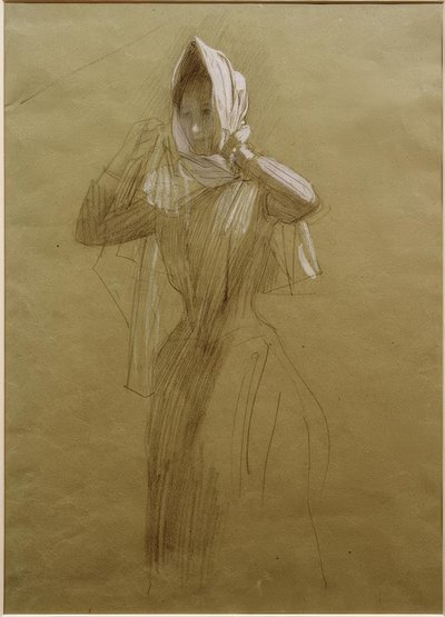 立っている若い女性、スカーフをかぶる 作： Gustav Klimt
