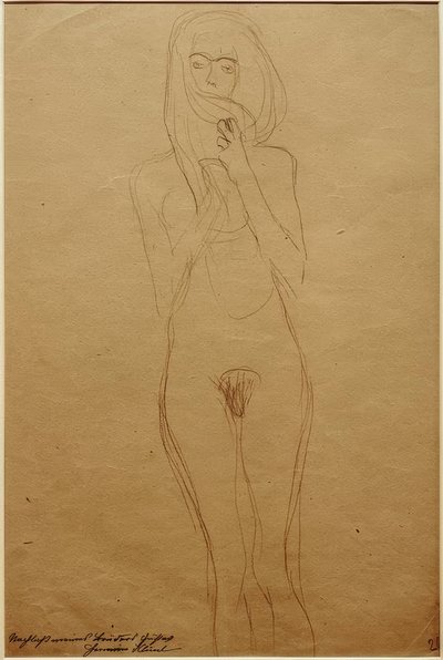 立っている女性のヌード、髪で覆われた彼女の口 作： Gustav Klimt