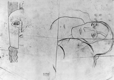 Ver Sacrum 1900-Pallas Athene and Tragic Head、1897-98の研究（トレーシングペーパーに鉛筆と青いクレヨン） 作： Gustav Klimt
