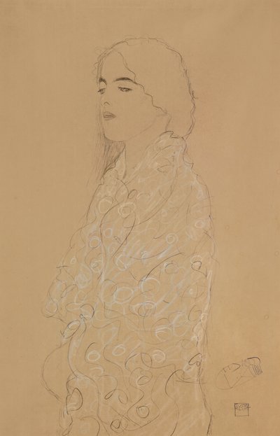 白いショールを持つ女性（紙に白と赤の色のチョークが付いた鉛筆） 作： Gustav Klimt