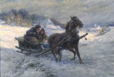冬のそり（パネルに油彩） 作： Gustav Prucha