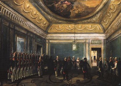 1845年、ポールIの時代のガッチナ宮殿のプレオブラジェンスキー連隊ガードの交代 作： Gustav Schwarz