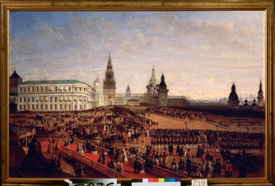1855 年 2 月 18 日、モスクワ クレムリンでの皇帝アレクサンドル 2 世 (1818-1881) の戴冠式の際の軍事パレード。グスタフ シュヴァルツ作 (1800 年頃 - 1855 年以降)、キャンバスに油彩 作： Gustav Schwarz