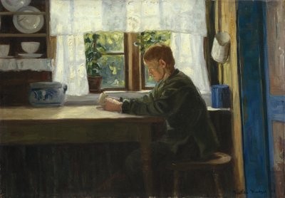 キッチンインテリアの男の子（キャンバスに油彩） 作： Gustav Wentzel