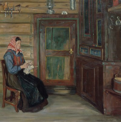 編み物の女性と農家のインテリア 作： Gustav Wentzel