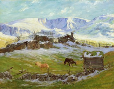山の向こうの朝日、ヴァーガ (キャンバスに油彩) 作： Gustav Wentzel