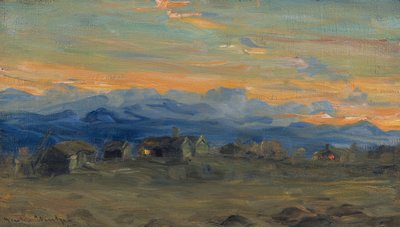 夕方の光の山の農場 作： Gustav Wentzel