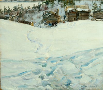 冬の風景の山の農場 (キャンバスに油彩) 作： Gustav Wentzel
