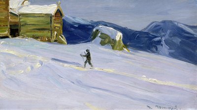 スキーヤーとヴァガの冬の夜 (キャンバスに油彩) 作： Gustav Wentzel