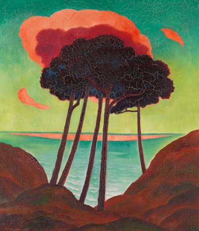 赤い雲のある松の木、c。 1909年。 作： Gustav Wunderwald