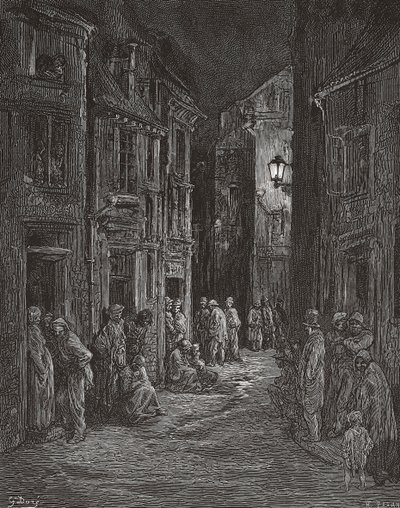 19世紀のロンドン、ブルーゲート・フィールズのスラム街。(プリント） 作： Gustave (after) Dore